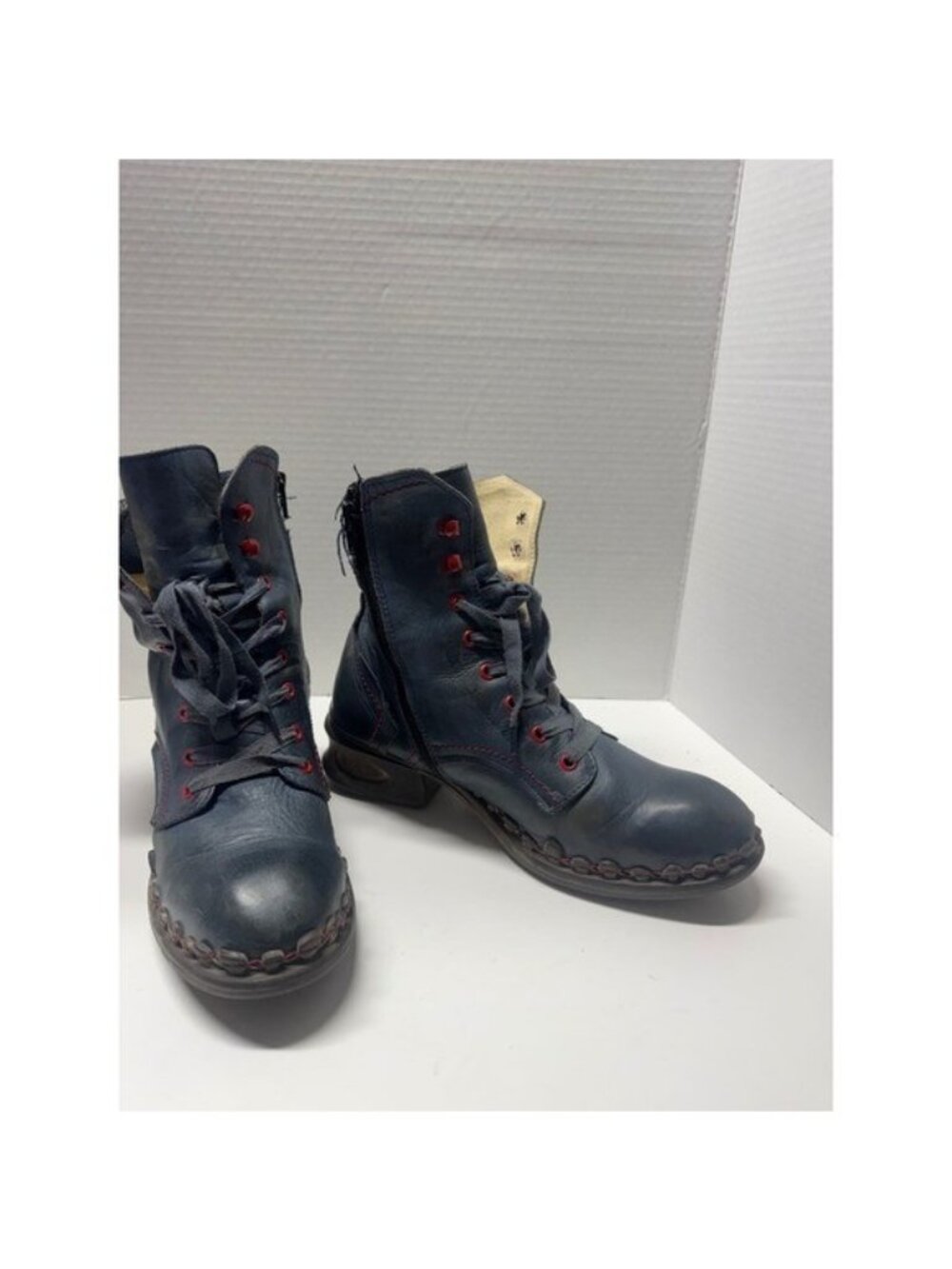 Rovers 42003 Blue Leather Lace Up Side Zip Ankle Boots Red Hardware Size 41
